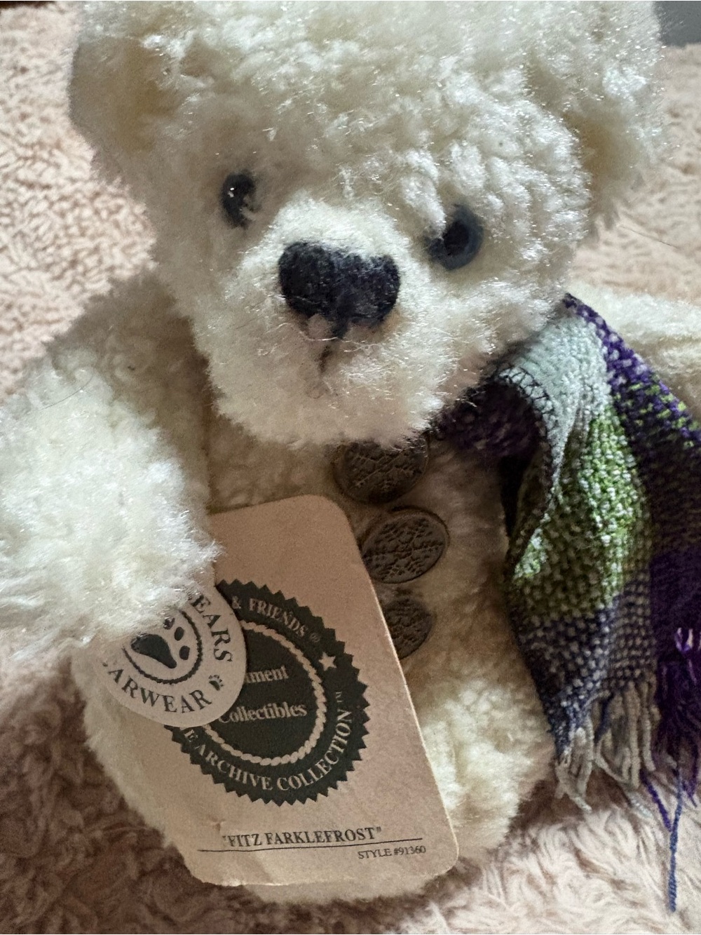 Boyds Bears White Plush Bear with Purple and Green Scarf